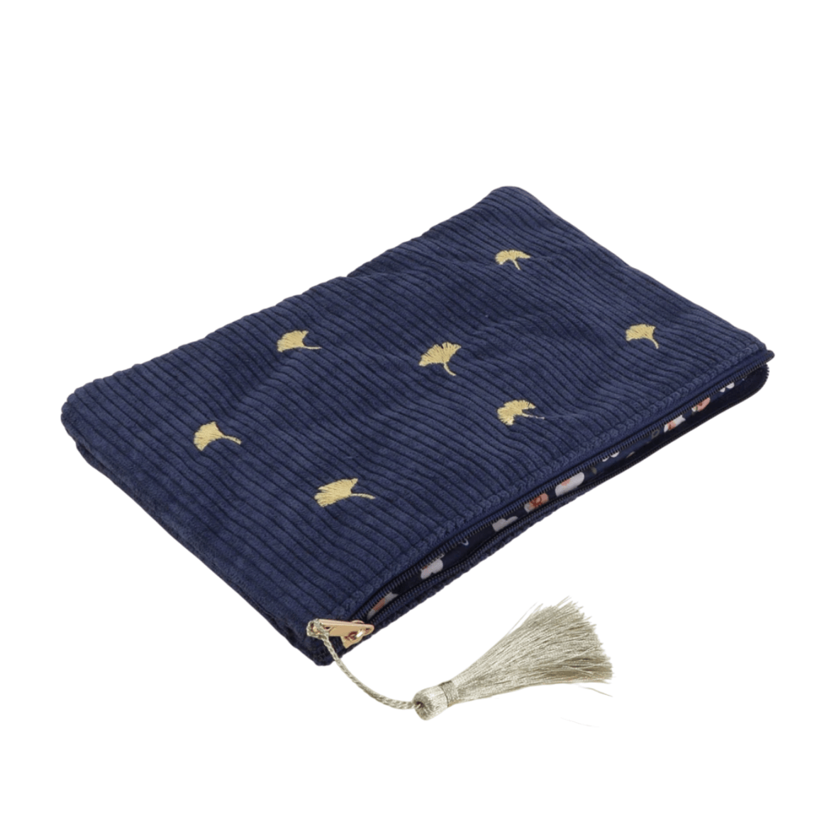 Dunkelblaues Cord-Etui mit goldenen Ginkgo-Stickereien – Federmäppchen & Kosmetiktasche