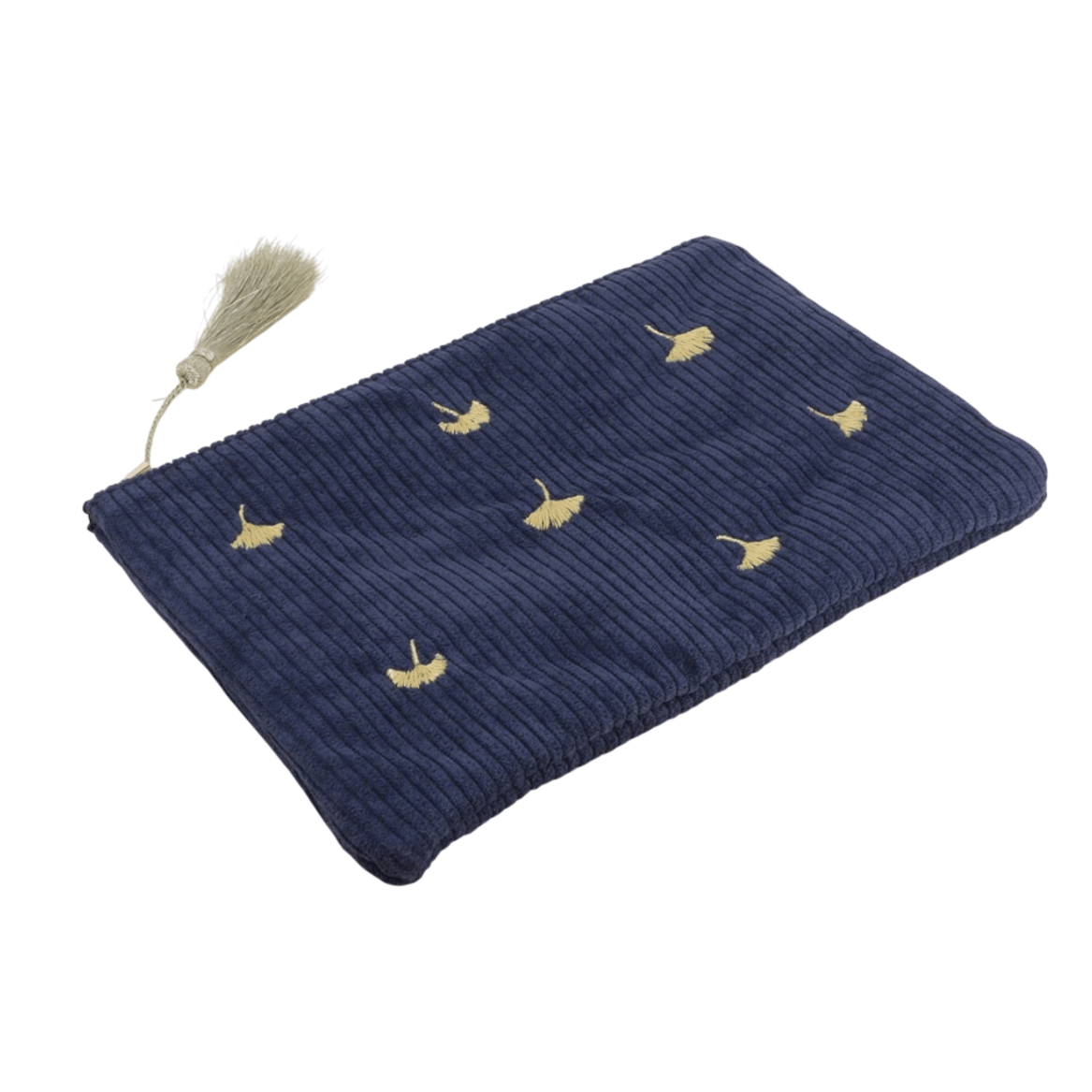 Dunkelblaues Cord-Etui mit goldenen Ginkgo-Stickereien – Federmäppchen & Kosmetiktasche