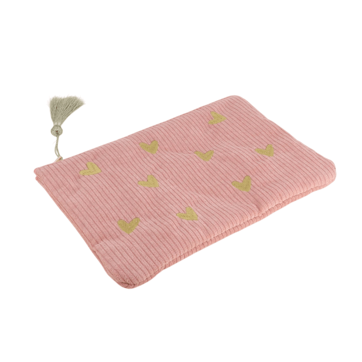 Rosa Cord-Etui mit goldenen Herz-Stickereien – Federmäppchen & Kosmetiktasche