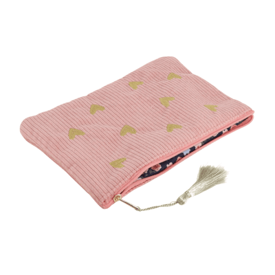 Rosa Cord-Etui mit goldenen Herz-Stickereien – Federmäppchen & Kosmetiktasche
