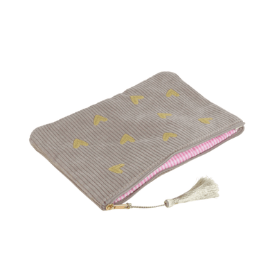 Taupefarbenes Cord-Etui mit goldenen Herz-Stickereien – Federmäppchen & Kosmetiktasche