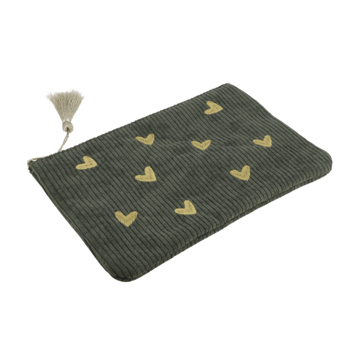 Olivfarbenes Cord-Etui mit goldenen Herz-Stickereien – Federmäppchen & Kosmetiktasche