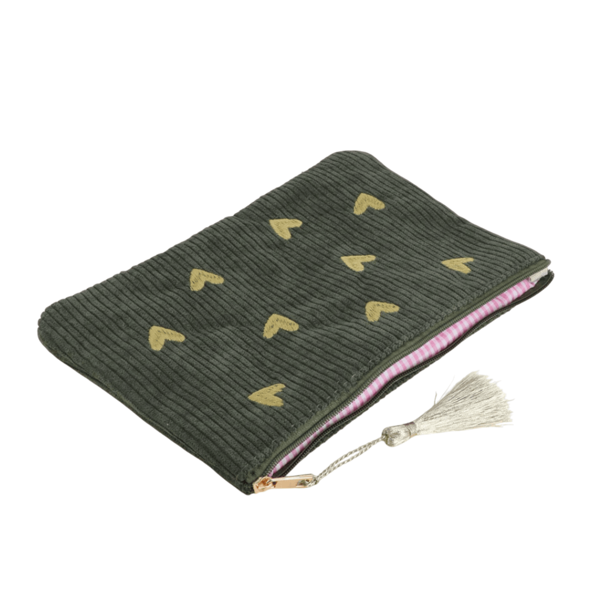 Olivfarbenes Cord-Etui mit goldenen Herz-Stickereien – Federmäppchen & Kosmetiktasche