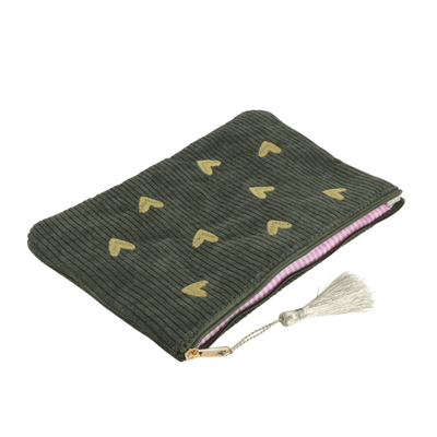 Olivfarbenes Cord-Etui mit goldenen Herz-Stickereien – Federmäppchen & Kosmetiktasche
