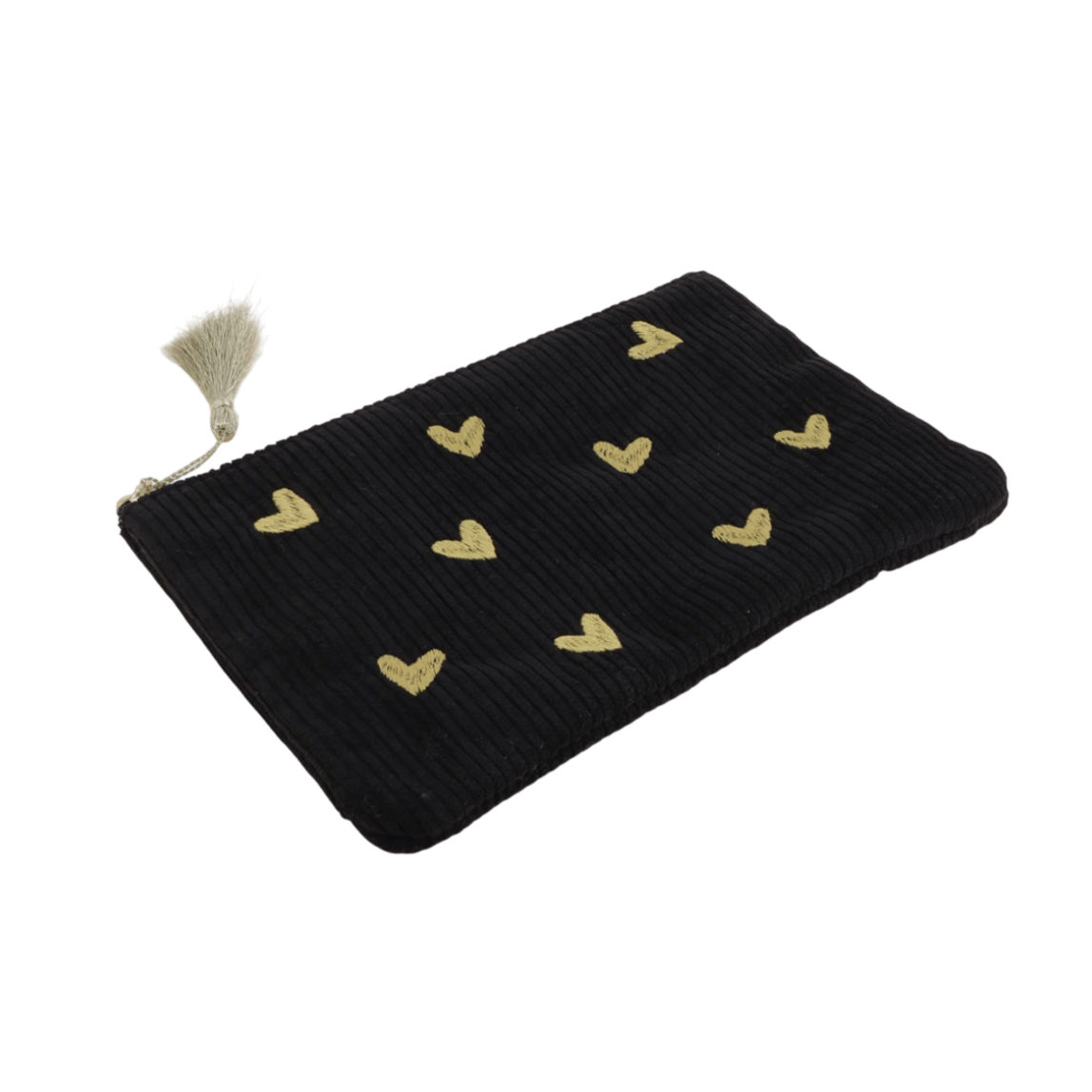 Schwarzes Cord-Etui mit goldenen Herz-Stickereien – Federmäppchen & Kosmetiktasche