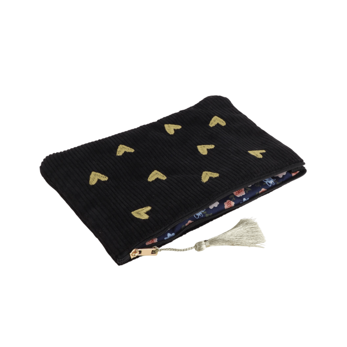 Schwarzes Cord-Etui mit goldenen Herz-Stickereien – Federmäppchen & Kosmetiktasche