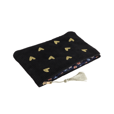 Schwarzes Cord-Etui mit goldenen Herz-Stickereien – Federmäppchen & Kosmetiktasche