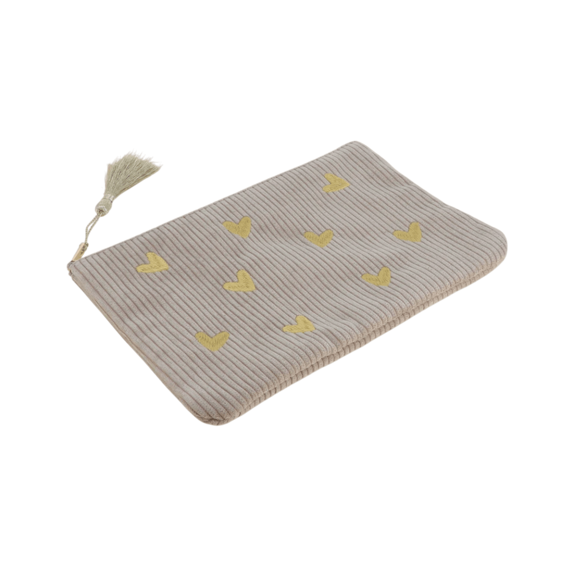 Taupefarbenes Cord-Etui mit goldenen Herz-Stickereien – Federmäppchen & Kosmetiktasche