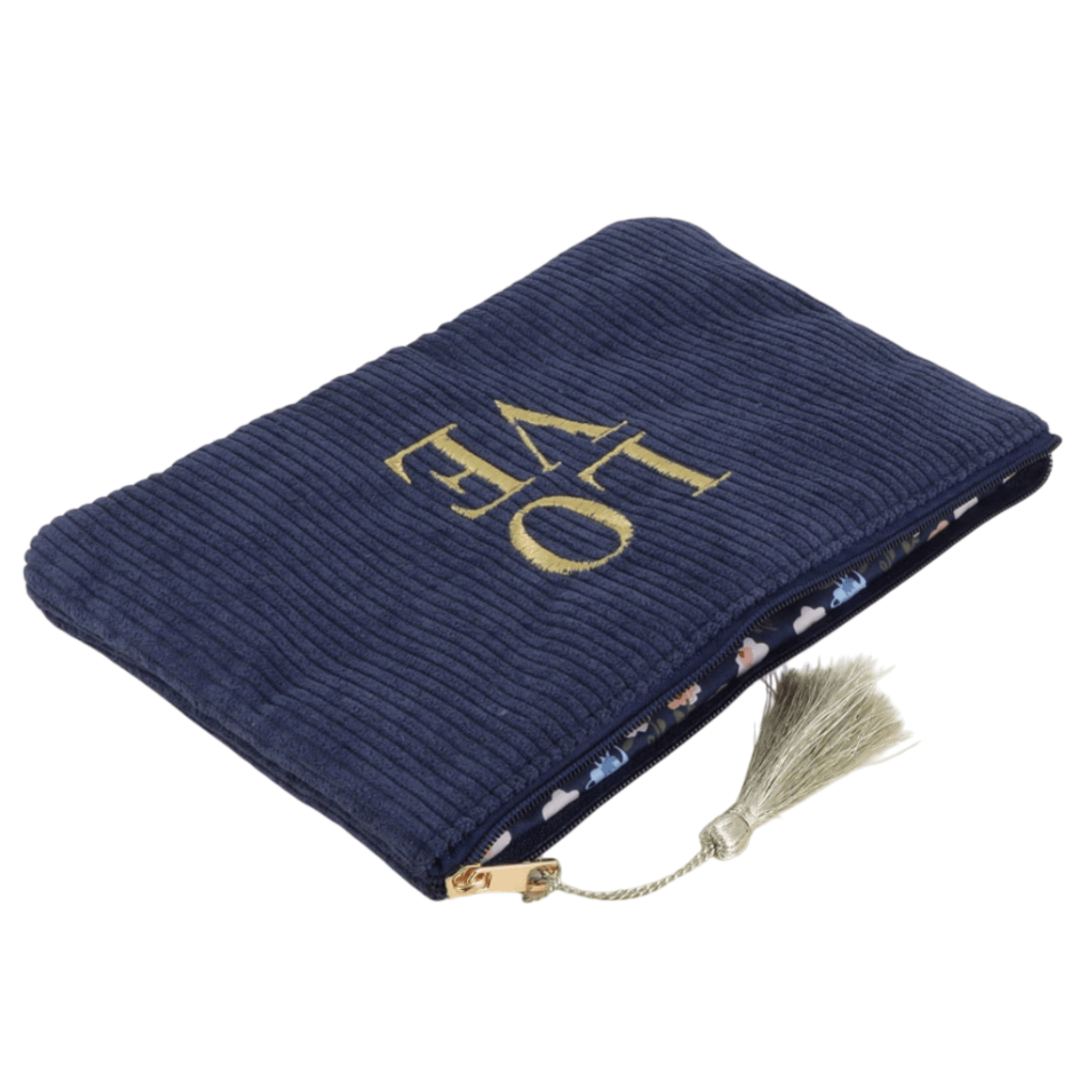 Dunkelblaues Cord-Etui mit goldener LOVE-Stickerei – Federmäppchen & Kosmetiktasche