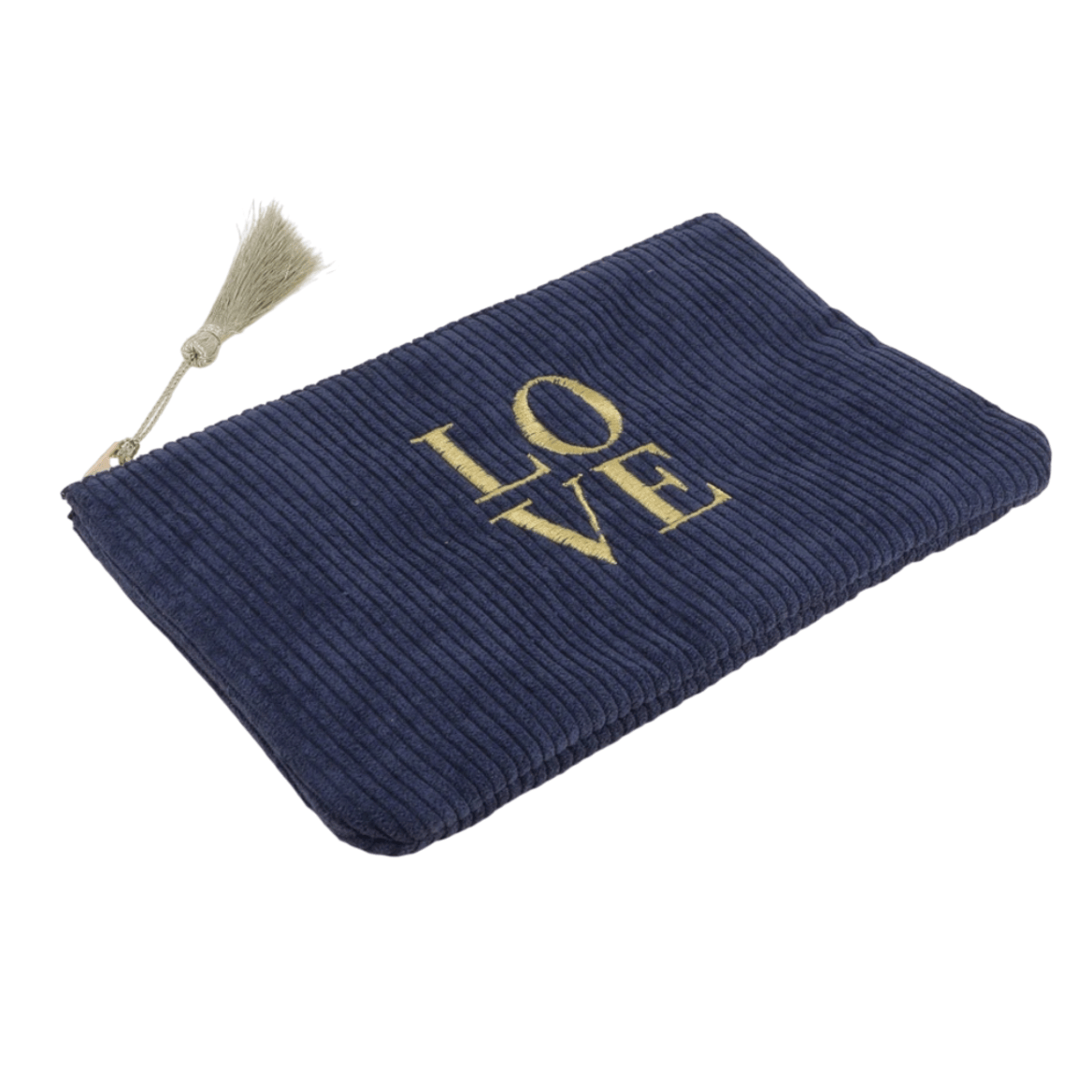 Dunkelblaues Cord-Etui mit goldener LOVE-Stickerei – Federmäppchen & Kosmetiktasche