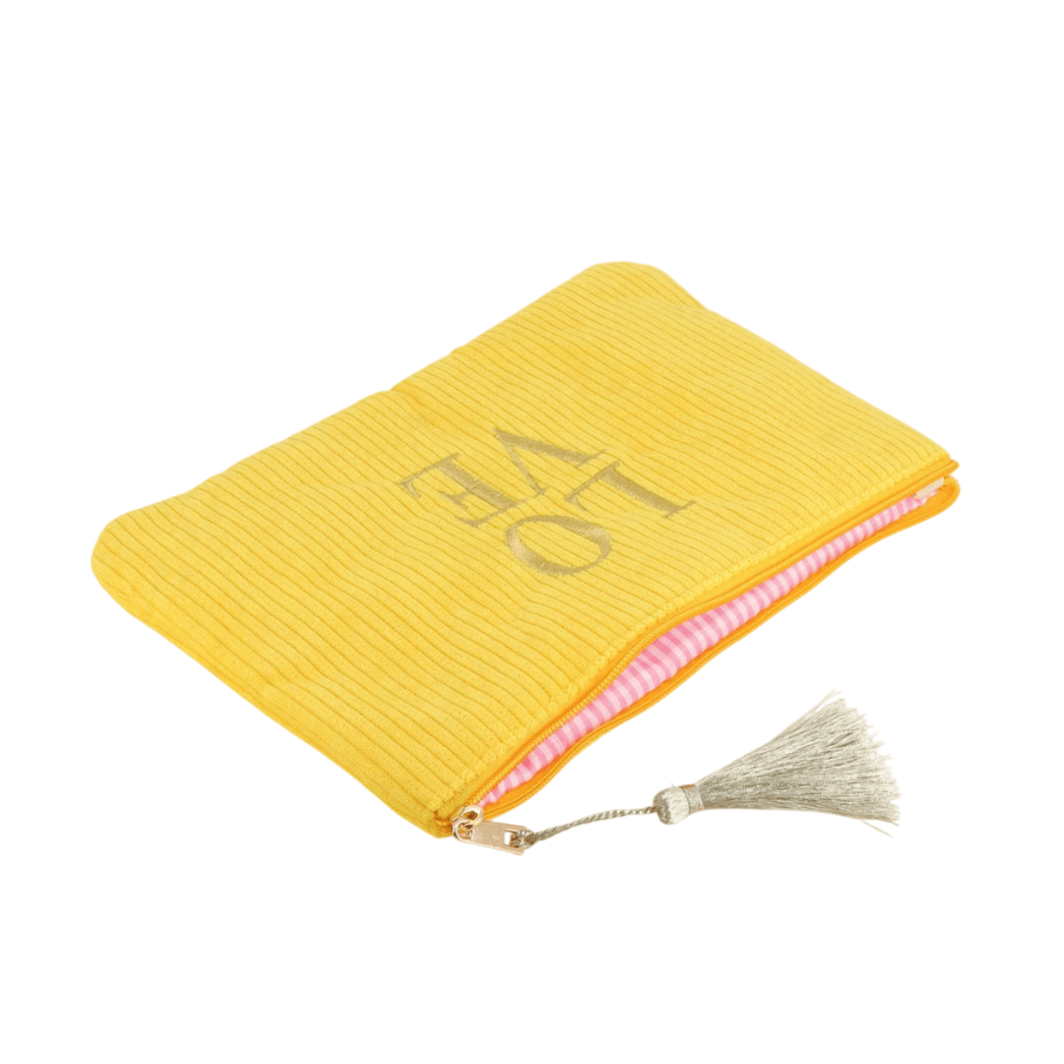 Gelbes Cord-Etui mit goldener LOVE-Stickerei – Federmäppchen & Kosmetiktasche