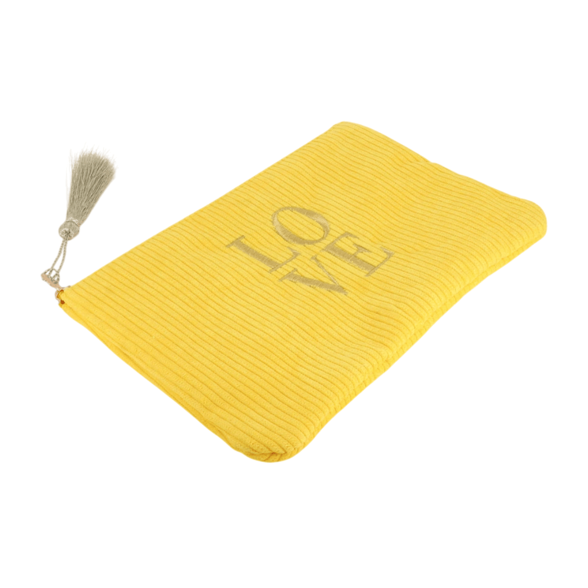 Gelbes Cord-Etui mit goldener LOVE-Stickerei – Federmäppchen & Kosmetiktasche