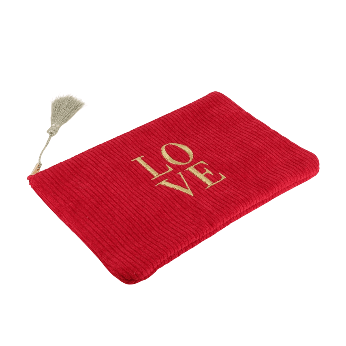 Rotes Cord-Etui mit goldener LOVE-Stickerei – Federmäppchen & Kosmetiktasche