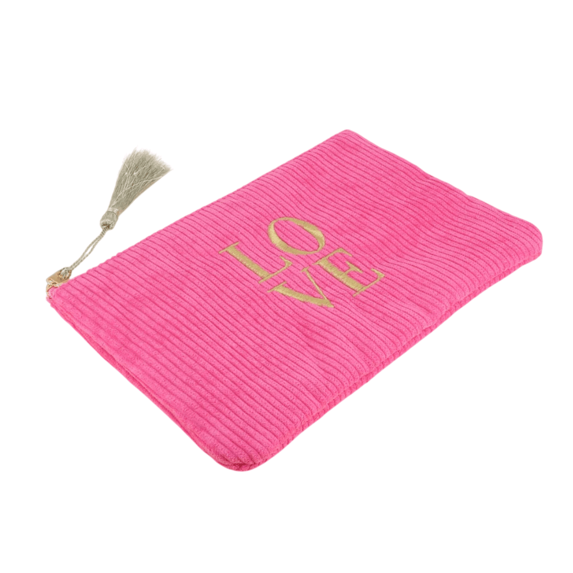 Pinkes Cord-Etui mit goldener LOVE-Stickerei – Federmäppchen & Kosmetiktasche