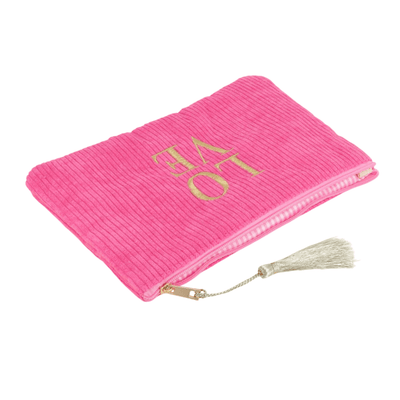 Pinkes Cord-Etui mit goldener LOVE-Stickerei – Federmäppchen & Kosmetiktasche