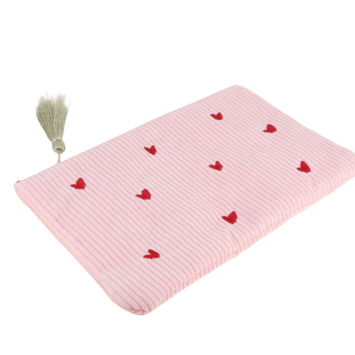 Rosa Cord-Etui mit kleinen Herz-Stickereien – Federmäppchen & Kosmetiktasche