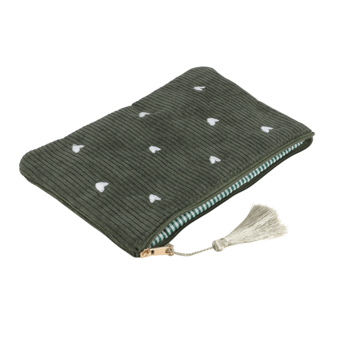 Olivfarbenes Cord-Etui mit kleinen Herz-Stickereien – Federmäppchen & Kosmetiktasche