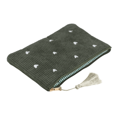 Olivfarbenes Cord-Etui mit kleinen Herz-Stickereien – Federmäppchen & Kosmetiktasche