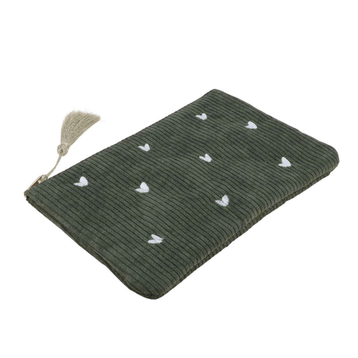 Olivfarbenes Cord-Etui mit kleinen Herz-Stickereien – Federmäppchen & Kosmetiktasche