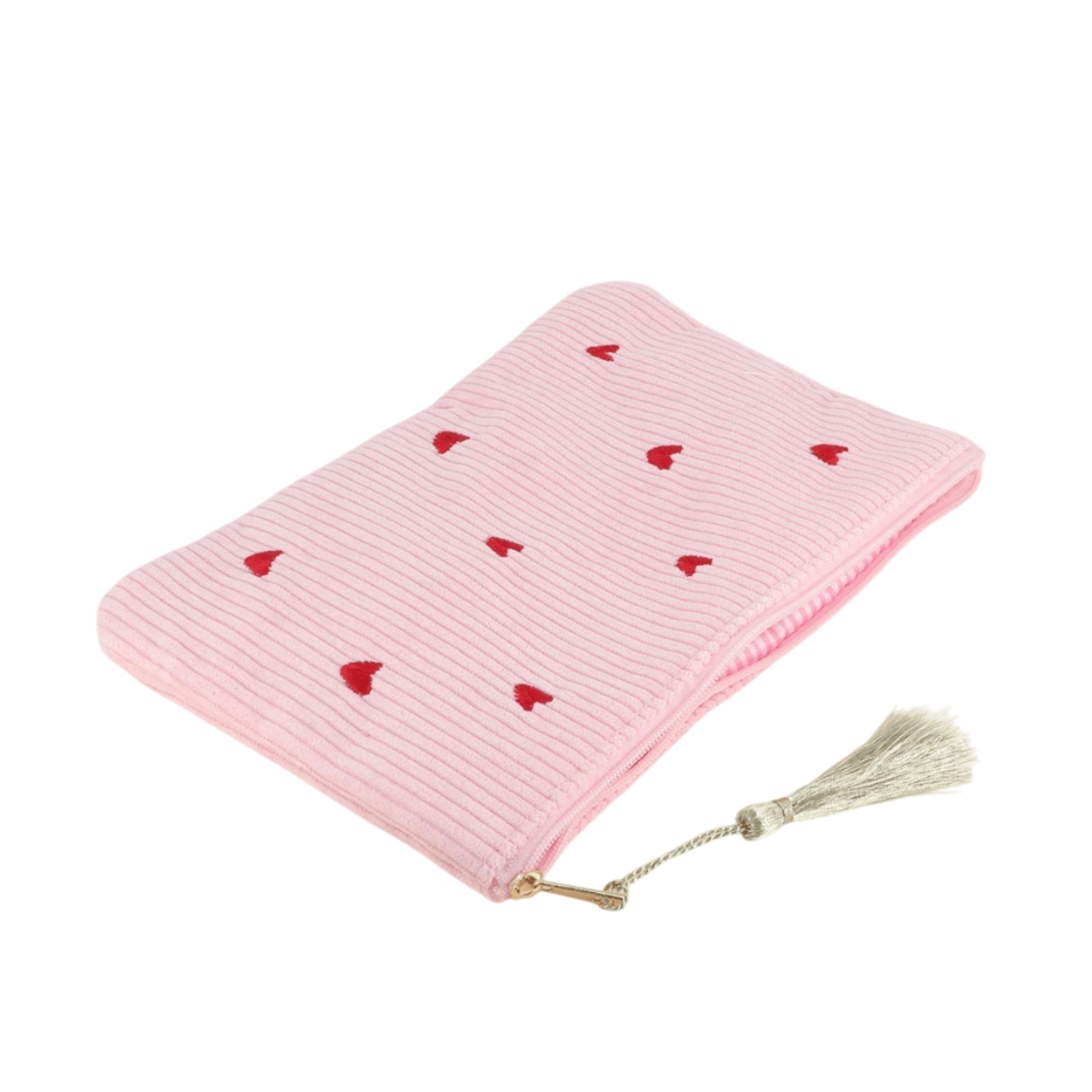 Rosa Cord-Etui mit kleinen Herz-Stickereien – Federmäppchen & Kosmetiktasche